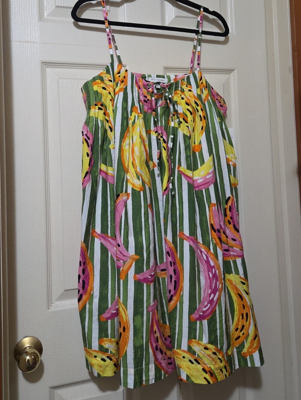 Green Striped Mini Dress with Pink & Yellow Tropical Banana Print